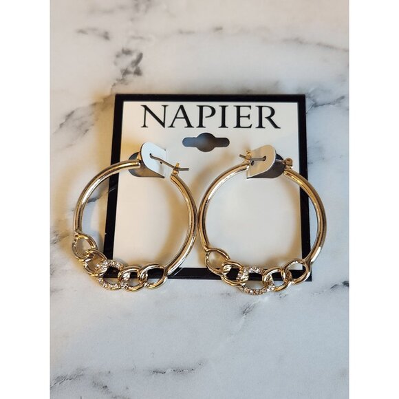 Napier Gold-Tone Hoop Earrings With Chain-Link Design & Clear Rhinestone Accents - Picture 1 of 5